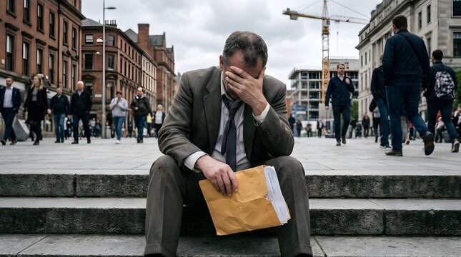 Stressed businessman sitting on city stairs with envelope after losing job in crowded square.