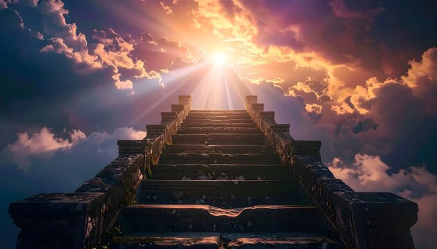 Staircase ascending towards a bright golden sky with dramatic clouds.