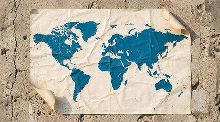 Crumpled Blue World Map Poster on Old Concrete Wall – Global Travel, Geography and International Business Concept © Imaginary Form