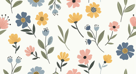 Seamless Scandinavian Flower Pattern Featuring Contemporary Leaves and Soft Decorative Garden Illustrations © Color
