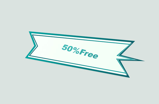 Modern 50% Free promotional ribbon, teal geometric sale banner with discount text, retail marketing graphic for special offers and deals