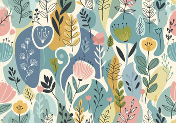 Trendy Floral Vector Background with Stylized Garden Blooms and Scandinavian Design Elements Together © Color