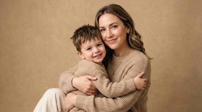 Warm studio portrait of mother tenderly holding her young son, brown tones, cozy family love and connection