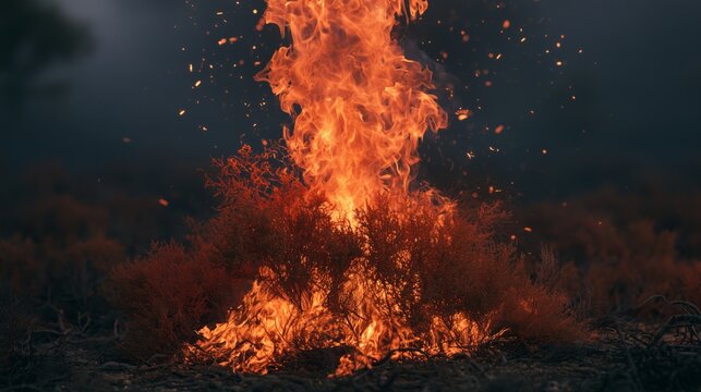 Wildfire raging through dry bush and igniting embers