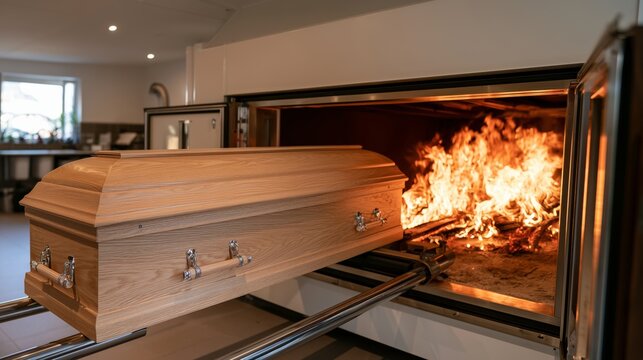 Wooden coffin entering cremator furnace for cremation ritual
