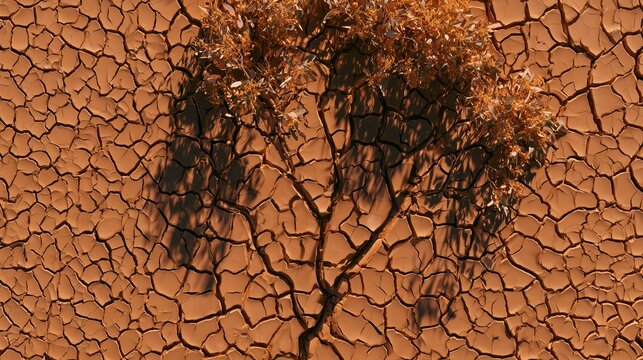 Dry tree shadow on cracked earth symbolizing deforestation