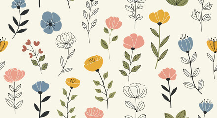 Modern Floral Scandinavian Pattern Featuring Wildflowers Leaves and Abstract Botanical Surface Artwork Design © Color