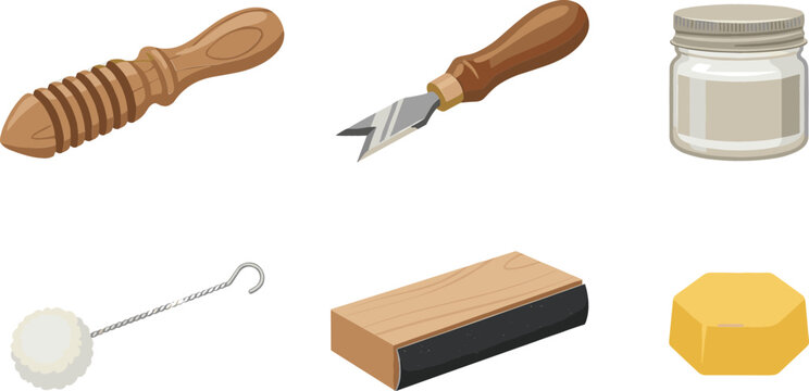 Leather Edge Slicker and Burnishing Tool Vector Set with V-Gouge, Tokonole Burnishing Cream, Dauber, Sanding Block, and Beeswax for Handmade Leatherwork Workshops