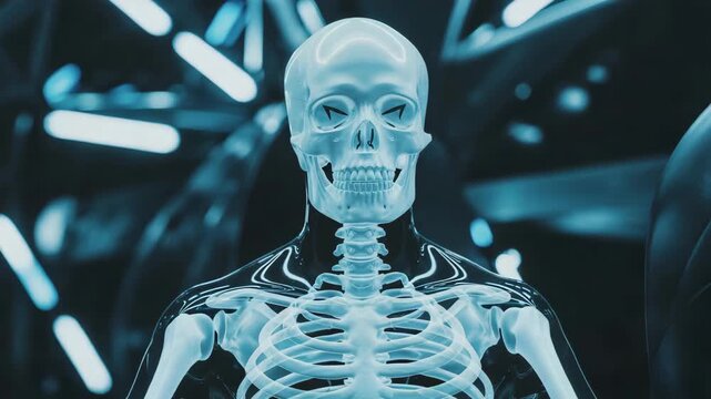 Futuristic human skeleton in laboratory, glowing blue anatomical x-ray visualization, medical science and high-tech research concept video