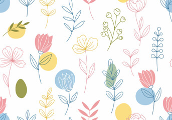 Trendy Floral Vector Background with Stylized Garden Blooms and Scandinavian Design Elements Together © Color