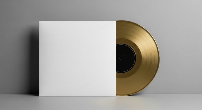 Blank white square record sleeve cover with a shiny metallic gold vinyl disc emerging from the side, minimalist studio mockup