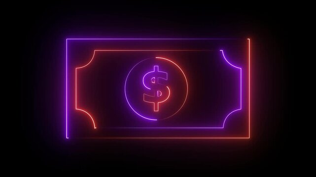Glowing neon line bank note dollar icon isolated on black background. dollar banknote icon. stacked dollar bills representing finance, banking,savings, and economic wealth concept.4k animation video.