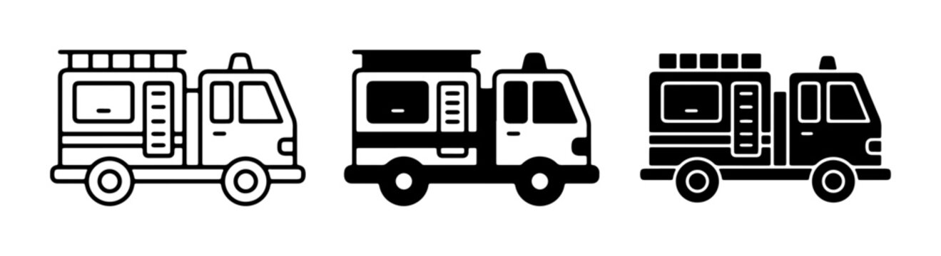 Fire Truck Icons Set, Emergency Vehicle Vector Graphics, Firefighter Transport Illustrations, Rescue Service Symbols