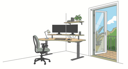 Fototapeta premium Modern home office setup with ergonomic desk, dual monitors, comfortable chair, and a refreshing balcony view, perfect for remote work and productivity.