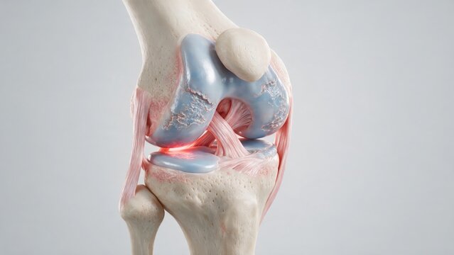 Detailed 3D medical illustration of a human knee joint with implant, orthopedic anatomy and healthcare technology concept
