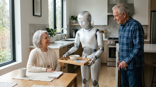Elderly couple with humanoid home assistant for daily care support