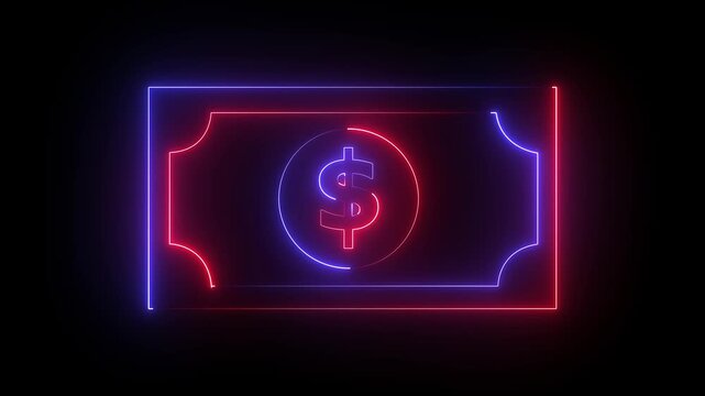 Glowing neon line bank note dollar icon isolated on black background. dollar banknote icon. stacked dollar bills representing finance, banking,savings, and economic wealth concept.4k animation video.