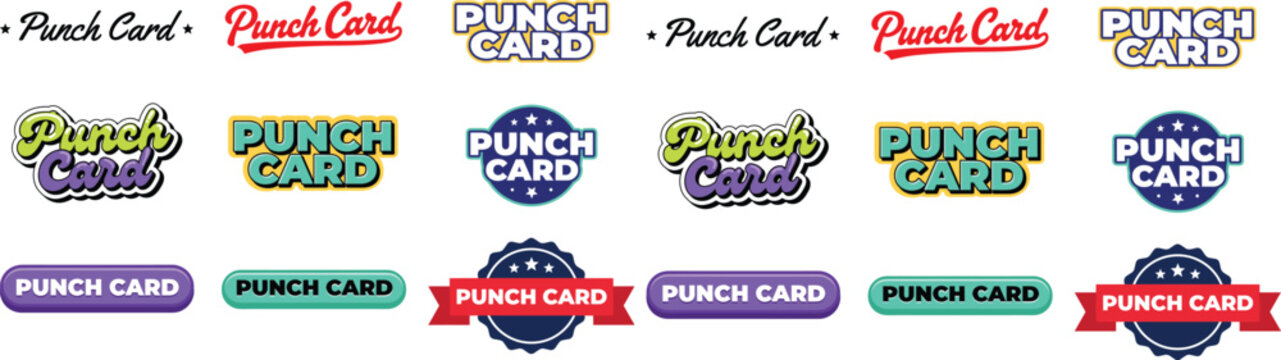 Punch Card logo collection featuring creative typography, badge, and emblem designs in purple, green, blue, and red styles for loyalty, reward, and membership branding flat vector illustration