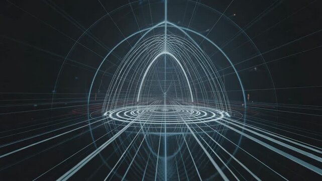 Futuristic HUD interface with glowing wireframe dome, digital technology background for sci-fi UI, abstract blue data visualization grid