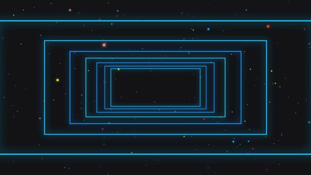 Abstract looped motion of glowing blue neon rectangles moving towards viewer with colorful particles.