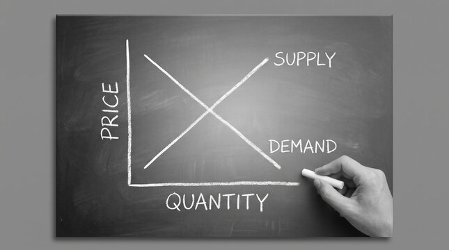 A male hand is drawing a supply and demand curve graph on a dark chalkboard, illustrating fundamental economic principles with 'Price' and 'Quantity' axes.