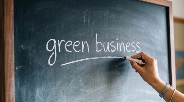 A human hand is writing the phrase 'green business' on a dark chalkboard with white chalk, illustrating a concept of sustainable enterprise.