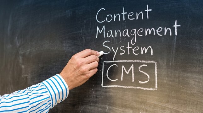 Human hand in a striped shirt sleeve holds white chalk, writing 'Content Management System' and its abbreviation 'CMS' on a dark blackboard.