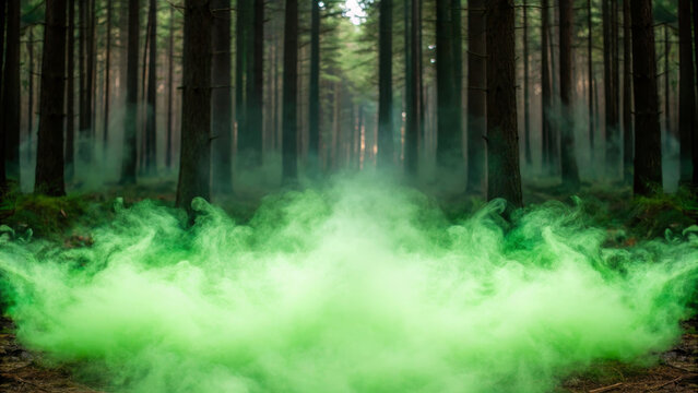 Mysterious green vapor swirling in dense forest magical atmosphere foggy woodland enchanting mood nature fantasy mystical eerie outdoor landscape