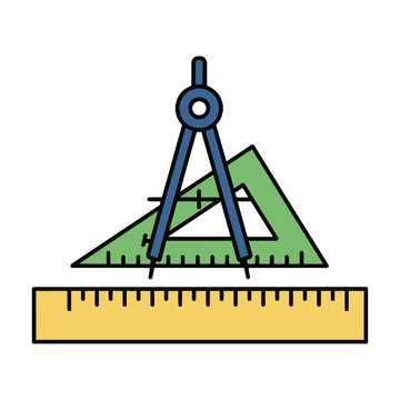 Drafting tools icon featuring a compass, set square, and t-square ruler on a white background. Engineering and design concept