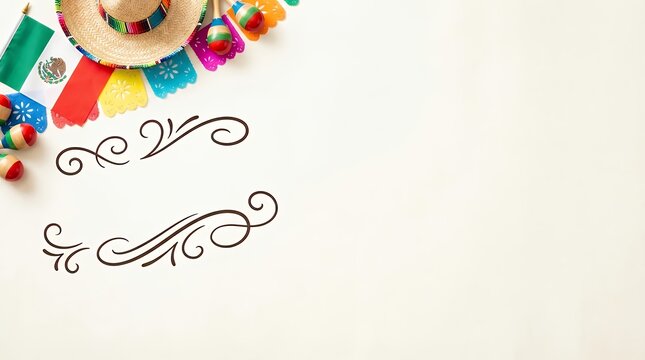 A festive Viva Mexico celebration template for Cinco de Mayo or Fiestas Patrias featuring the Mexican flag a mariachi hat and text lettering for a holiday greetings card for a music concept Viva