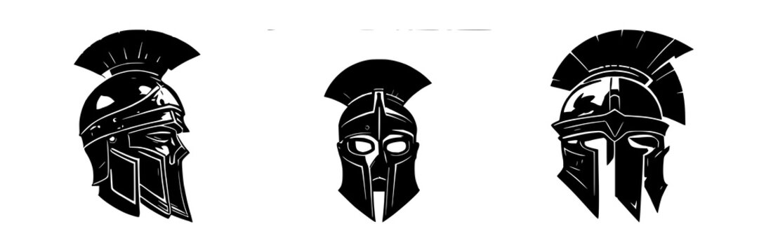 Roman centurion helmet silhouette set with sharp crest detail featuring ancient warrior theme with white background and solid black outline