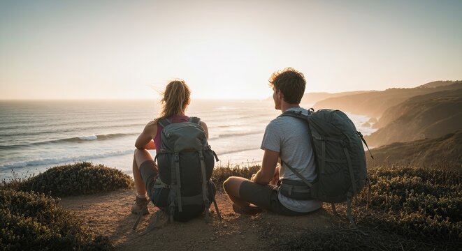 Backpackers on a coastal trail pausing to photograph the ocean at golden hour, candid outdoor lifestyle