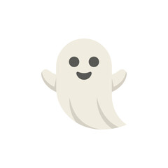 Friendly white cartoon ghost smiling on plain background.