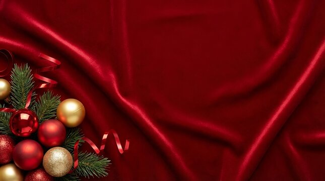Christmas Decor on Red Velvet Background: Christmas theme with Christmas balls and gift ribbon on red velvet background jewelry christmas decor on red velvet background christmas theme with christmas