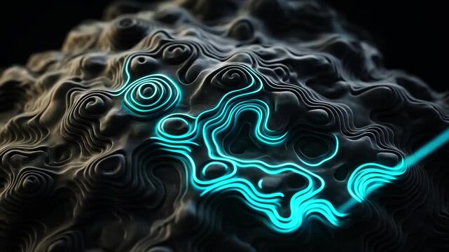 Macro 3D topographic map surface, concentric raised lines, slow tracing cyan light, static, dark background