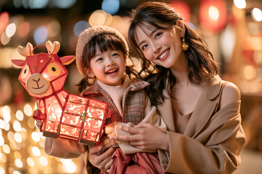 Lifestyle portrait of Asian mother and daughter smiling as they look at a glowing red paper lantern shaped like cute goat. 2027 Year of the Goat. Chinese New Year celebration 