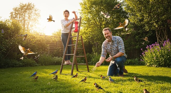 Sunlit backyard garden, woman on a ladder hanging a feeder while a man kneels scattering seeds, colorful wild birds gathering, warm golden light