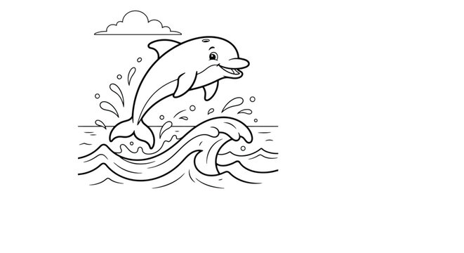 Dolphin leaping from waves black and white line drawing illustration