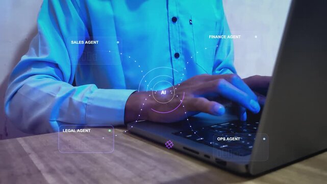 AI engineer using a laptop with enterprise multi agent interface, coordinating sales, finance, legal and operations workflows through intelligent task orchestration and business automation.
