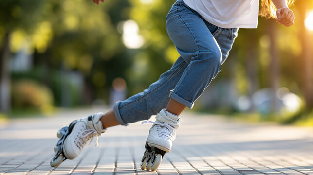 Faceless roller skating girl in a park on inline skates, outdoor activities, young woman recreation, active lifestyle, park fun, with copy space