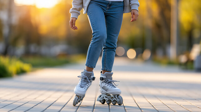 Faceless roller skating girl in a park on inline skates, outdoor activities, young woman recreation, active lifestyle, park fun, with copy space