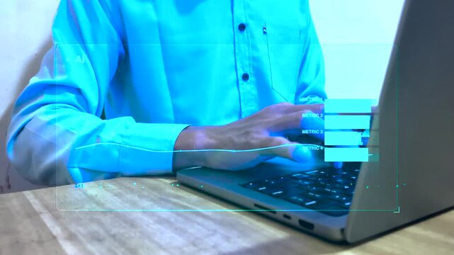 Hand typing on laptop with holographic AI metric labels and performance indicator line graph concept for intelligent analytics, data measurement, KPI tracking, and performance monitoring solution.