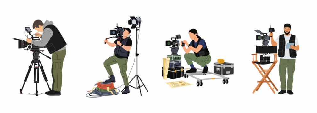 Collection of professional film crew members and cinematographers working with cameras and lighting equipment on a movie set, isolated vector illustration.
