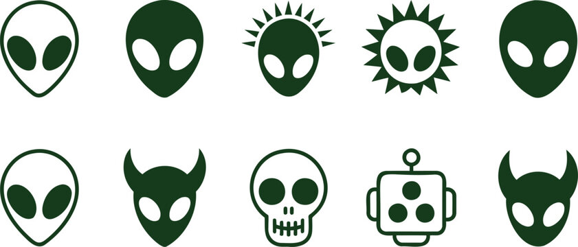 Collection of alien and extraterrestrial character icons with sci fi, creature