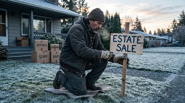 Estate sale sign setup on cold lawn with tired homeowner at dawn