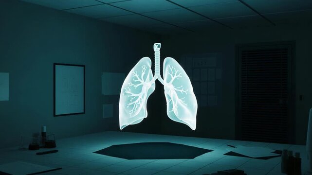 Holographic human lungs glowing in dark medical laboratory, futuristic respiratory system anatomy, digital 3d lung visualization for healthcare research
