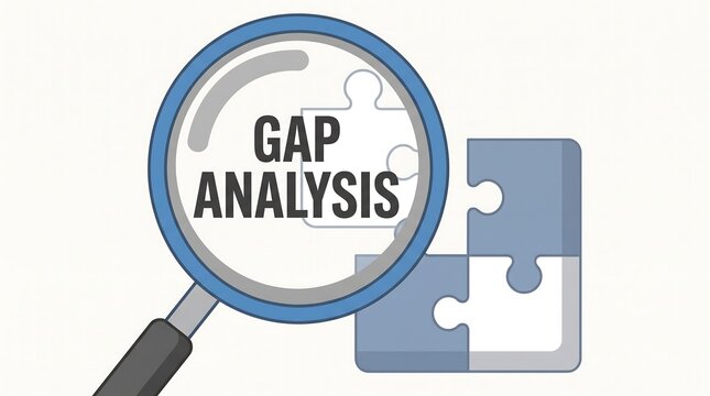 Gap analysis business concept, magnifying glass focusing on puzzle pieces, strategic management and corporate assessment illustration