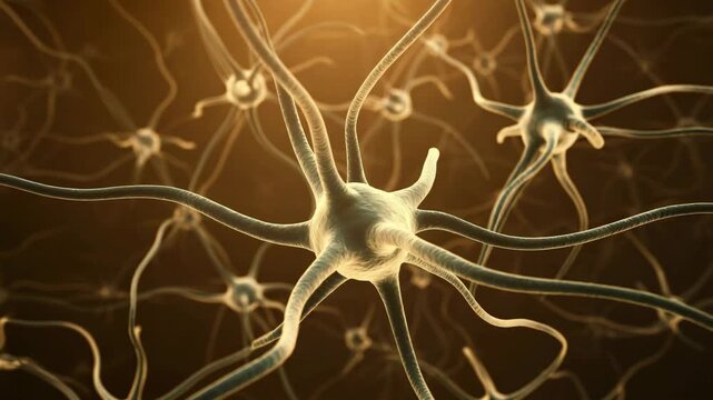 Microscopic neurons in neural network, golden brain cells with dendrites and axons, medical 3D illustration of human nervous system and synapses