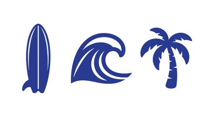 Fototapeta premium Surfing equipment and tropical lifestyle icons including surfboard wave and palm tree with surfboard tropical vacation recreation lifestyle adventure illustration minimalist