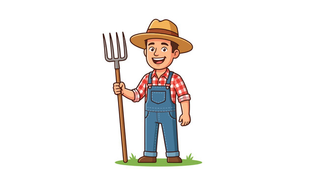 A cheerful cartoon farmer wearing a straw hat and denim overalls holds a metal pitchfork against a plain white background.